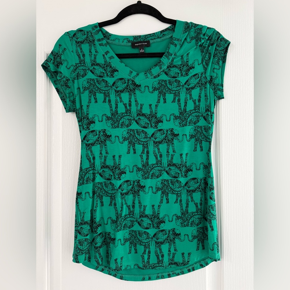 Spense Green Elephant Pattern Short Sleeve Tee